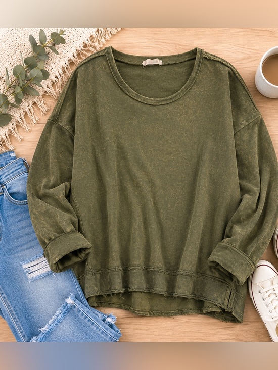 new in Tops - New In Acid Washed Olive Casual Crewneck Long-Sleeve Top